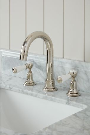 Linton 3 Hole Basin Mixer - Swan Neck Spout - White Lever - Polished Nickel Finish