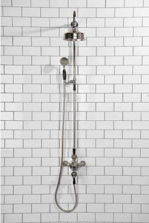 Calder Dual Outlet Shower Kit - Exposed Valve - 6 inch Rose - Black Ceramic Lever - Handshower Mounted on Riser-Rail - Chrome Finish