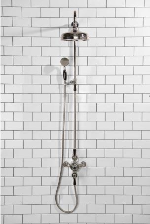 Calder Dual Outlet Shower Kit - Exposed Valve - 8 or 6 inch Rose - Black Ceramic Lever - Handshower Mounted on Riser-Rail