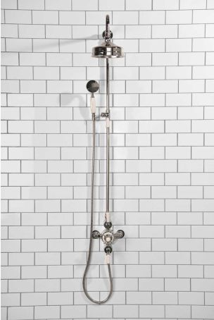 Calder Dual Outlet Shower Kit - Exposed Valve - 6 inch Rose - White Ceramic Lever - Handshower Mounted on Riser-Rail - Chrome Finish