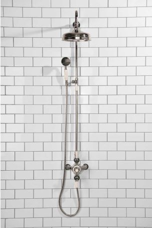 Calder Dual Outlet Shower Kit - Exposed Valve - 8 inch Rose - White Ceramic Lever - Handshower Mounted on Riser-Rail - Chrome Finish