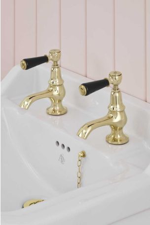 Linton 1/2BSP Basin Pillar Taps Black Lever Polished Brass