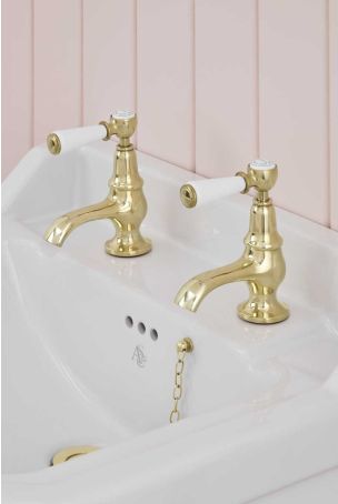 Linton 1/2BSP Basin Pillar Taps White Lever Polished Brass