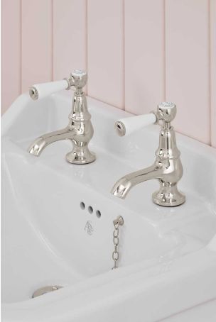 Linton 1/2BSP Basin Pillar Taps White Lever Nickel