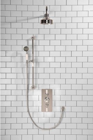 Calder Dual Outlet Shower Kit - Concealed Valve - 6 inch Rose - White Ceramic Lever - Handshower Slider-Rail - Chrome Finish