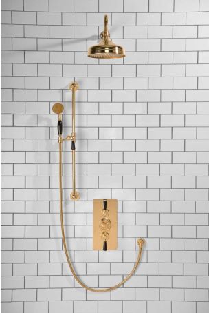 Calder Dual Outlet Shower Kit - Concealed Valve - 8 inch Rose - Black Ceramic Lever - Handshower Slider-Rail - Polished Brass