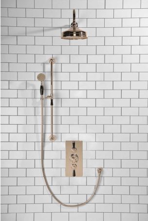 Calder Dual Outlet Shower Kit - Concealed Valve - 8 inch Rose - Black Ceramic Lever - Handshower Slider-Rail - Polished Nickel