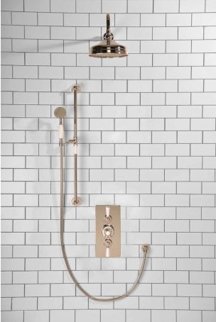 Calder Dual Outlet Shower Kit - Concealed Valve - 8 inch Rose - White Ceramic Lever - Handshower Slider-Rail - Polished Nickel