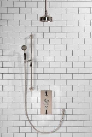 Calder Dual Outlet Shower Kit - Concealed Valve - 6 inch Rose - Black Ceramic Lever - Handshower Slider-Rail - Ceiling Mounted Rose - Chrome Finish