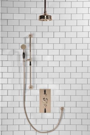 Calder Dual Outlet Shower Kit - Concealed Valve - 6 inch Rose - Black Ceramic Lever - Handshower Slider-Rail - Ceiling Mounted Rose - Polished Nickel