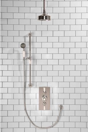 Calder Dual Outlet Shower Kit - Concealed Valve - 6 inch Rose - White Ceramic Lever - Handshower Slider-Rail - Ceiling Mounted Rose - Chrome Finish