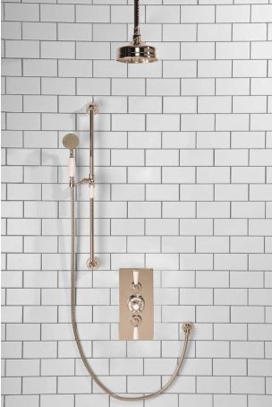 Calder Dual Outlet Shower Kit - Concealed Valve - 6 inch Rose - White Ceramic Lever - Handshower Slider-Rail - Ceiling Mounted Rose - Polished Nickel