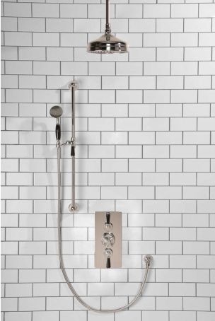 Calder Dual Outlet Shower Kit - Concealed Valve - 8 inch Rose - Black Ceramic Lever - Handshower Slider-Rail - Ceiling Mounted Rose - Chrome Finish