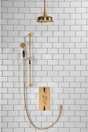 Calder Dual Outlet Shower Kit - Concealed Valve - 8 inch Rose - Black Ceramic Lever - Handshower Slider-Rail - Ceiling Mounted Rose - Polished Brass