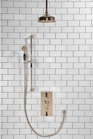 Calder Dual Outlet Shower Kit - Concealed Valve - 8 inch Rose - Black Ceramic Lever - Handshower Slider-Rail - Ceiling Mounted Rose - Polished Nickel