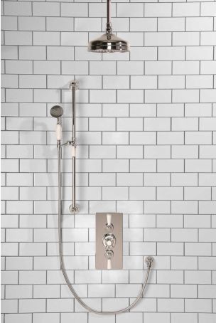 Calder Dual Outlet Shower Kit - Concealed Valve - 8 inch Rose - White Ceramic Lever - Handshower Slider-Rail - Ceiling Mounted Rose - Chrome Finish