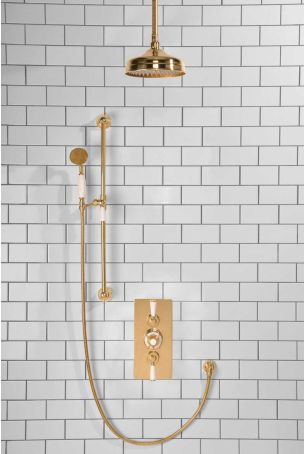 Calder Dual Outlet Shower Kit - Concealed Valve - 8 inch Rose - White Ceramic Lever - Handshower Slider-Rail - Ceiling Mounted Rose - Polished Brass