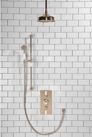 Calder Dual Outlet Shower Kit - Concealed Valve - 8 inch Rose - White Ceramic Lever - Handshower Slider-Rail - Ceiling Mounted Rose - Polished Nickel