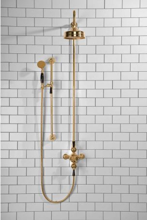 Calder Dual Outlet Shower Kit - Exposed Valve - 6 inch Rose - Black Ceramic Lever - Handshower Slider-Rail - Polished Brass