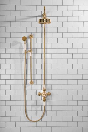 Calder Dual Outlet Shower Kit - Exposed Valve - 6 inch Rose - White Ceramic Lever - Handshower Slider-Rail - Polished Brass