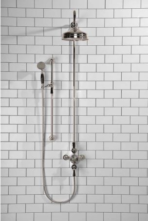 Calder Dual Outlet Shower Kit - Exposed Valve - 8 inch Rose - Black Ceramic Lever - Handshower Slider-Rail - Chrome Finish