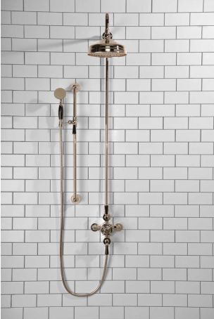 Calder Dual Outlet Shower Kit - Exposed Valve - 8 inch Rose - Black Ceramic Lever - Handshower Slider-Rail - Polished Nickel