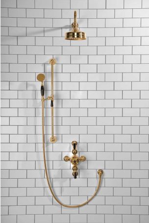 Calder Dual Outlet Shower Kit - Semi-Exposed Valve - 6 inch Rose - Black Ceramic Lever - Handshower Slider-Rail - Polished Brass