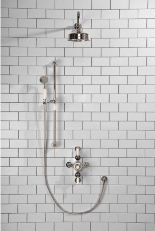 Calder Dual Outlet Shower Kit - Semi-Exposed Valve - 6 inch Rose - White Ceramic Lever - Handshower Slider-Rail - Chrome Finish