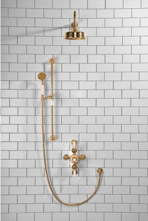 Calder Dual Outlet Shower Kit - Semi-Exposed Valve - 6 inch Rose - White Ceramic Lever - Handshower Slider-Rail - Polished Brass