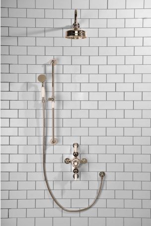 Calder Dual Outlet Shower Kit - Semi-Exposed Valve - 6 inch Rose - White Ceramic Lever - Handshower Slider-Rail - Polished Nickel