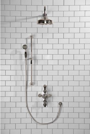 Calder Dual Outlet Shower Kit - Semi-Exposed Valve - 8 inch Rose - Black Ceramic Lever - Handshower Slider-Rail - Chrome Finish