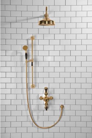 Calder Dual Outlet Shower Kit - Semi-Exposed Valve - 8 inch Rose - Black Ceramic Lever - Handshower Slider-Rail - Polished Brass