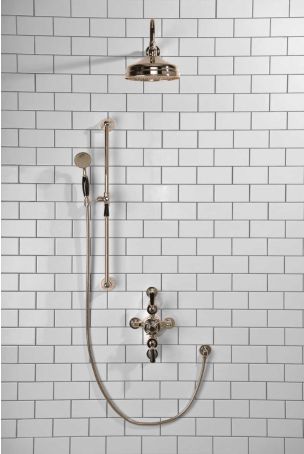 Calder Dual Outlet Shower Kit - Semi-Exposed Valve - 8 inch Rose - Black Ceramic Lever - Handshower Slider-Rail - Polished Nickel