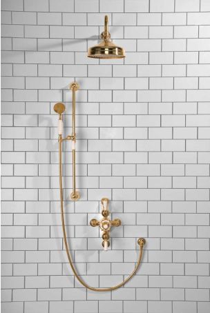 Calder Dual Outlet Shower Kit - Semi-Exposed Valve - 8 inch Rose - White Ceramic Lever - Handshower Slider-Rail - Polished Brass