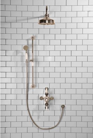 Calder Dual Outlet Shower Kit - Semi-Exposed Valve - 8 inch Rose - White Ceramic Lever - Handshower Slider-Rail - Polished Nickel