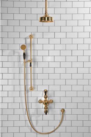 Calder Dual Outlet Shower Kit - Semi-Exposed Valve - 6 inch Rose - Black Ceramic Lever - Handshower Slider-Rail - Ceiling Mounted Rose - Polished Brass