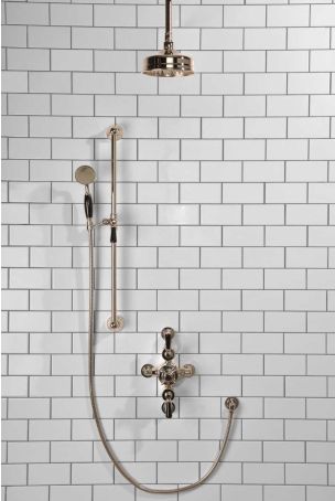 Calder Dual Outlet Shower Kit - Semi-Exposed Valve - 6 inch Rose - Black Ceramic Lever - Handshower Slider-Rail - Ceiling Mounted Rose - Polished Nickel