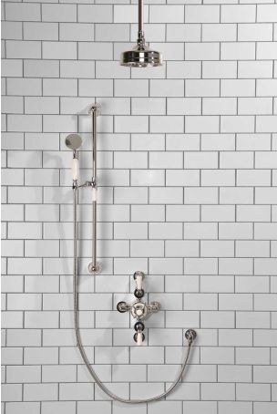 Calder Dual Outlet Shower Kit - Semi-Exposed Valve - 6 inch Rose - White Ceramic Lever - Handshower Slider-Rail - Ceiling Mounted Rose - Chrome Finish