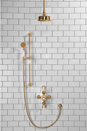 Calder Dual Outlet Shower Kit - Semi-Exposed Valve - 6 inch Rose - White Ceramic Lever - Handshower Slider-Rail - Ceiling Mounted Rose - Polished Brass