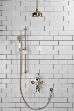 Calder Dual Outlet Shower Kit - Semi-Exposed Valve - 6 inch Rose - White Ceramic Lever - Handshower Slider-Rail - Ceiling Mounted Rose - Polished Nickel