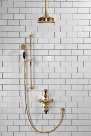 Calder Dual Outlet Shower Kit - Semi-Exposed Valve - 8 inch Rose - Black Ceramic Lever - Handshower Slider-Rail - Ceiling Mounted Rose - Polished Brass