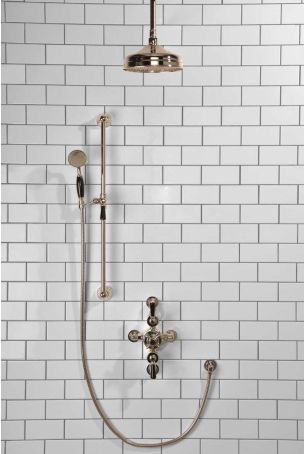 Calder Dual Outlet Shower Kit - Semi-Exposed Valve - 8 inch Rose - Black Ceramic Lever - Handshower Slider-Rail - Ceiling Mounted Rose - Polished Nickel