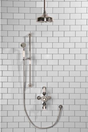 Calder Dual Outlet Shower Kit - Semi-Exposed Valve - 8 inch Rose - White Ceramic Lever - Handshower Slider-Rail - Ceiling Mounted Rose - Chrome Finish