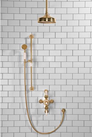 Calder Dual Outlet Shower Kit - Semi-Exposed Valve - 8 inch Rose - White Ceramic Lever - Handshower Slider-Rail - Ceiling Mounted Rose - Polished Brass