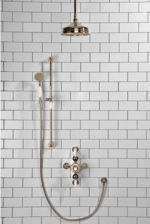 Calder Dual Outlet Shower Kit - Semi-Exposed Valve - 8 inch Rose - White Ceramic Lever - Handshower Slider-Rail - Ceiling Mounted Rose - Polished Nickel