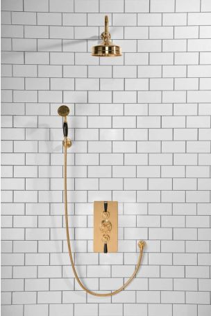 Calder Dual Outlet Shower Kit - Concealed Valve - 6 inch Rose - Black Ceramic Lever - Handshower Hook - Polished Brass