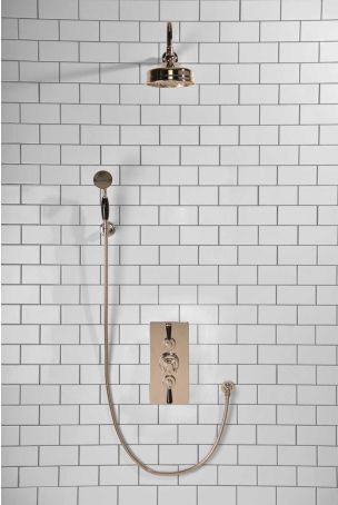 Calder Dual Outlet Shower Kit - Concealed Valve - 6 inch Rose - Black Ceramic Lever - Handshower Hook - Polished Nickel