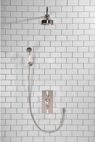 Calder Dual Outlet Shower Kit - Concealed Valve - 6 inch Rose - White Ceramic Lever - Handshower Hook - Chrome Finish