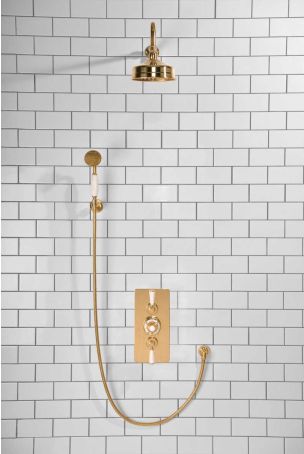 Calder Dual Outlet Shower Kit - Concealed Valve - 6 inch Rose - White Ceramic Lever - Handshower Hook - Polished Brass