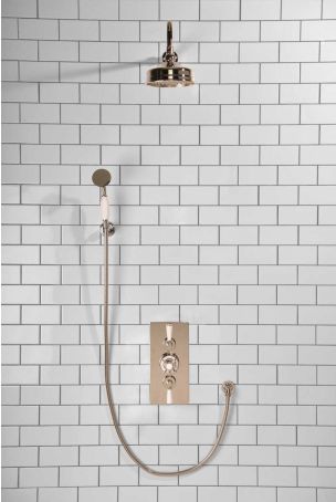 Calder Dual Outlet Shower Kit - Concealed Valve - 6 inch Rose - White Ceramic Lever - Handshower Hook - Polished Nickel